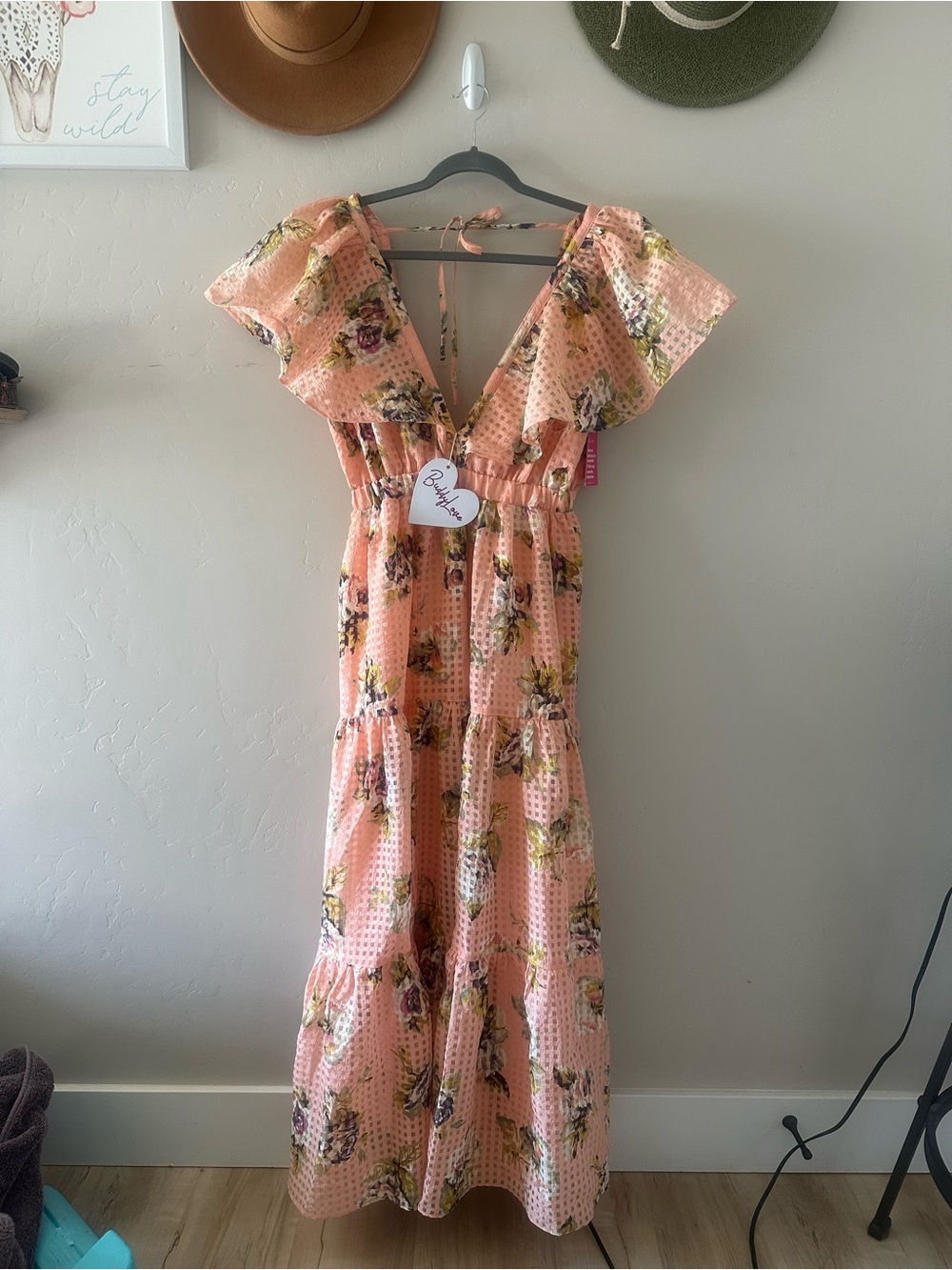 Buddy Love Peach Floral V-Neck Ruffle Maxi Dress